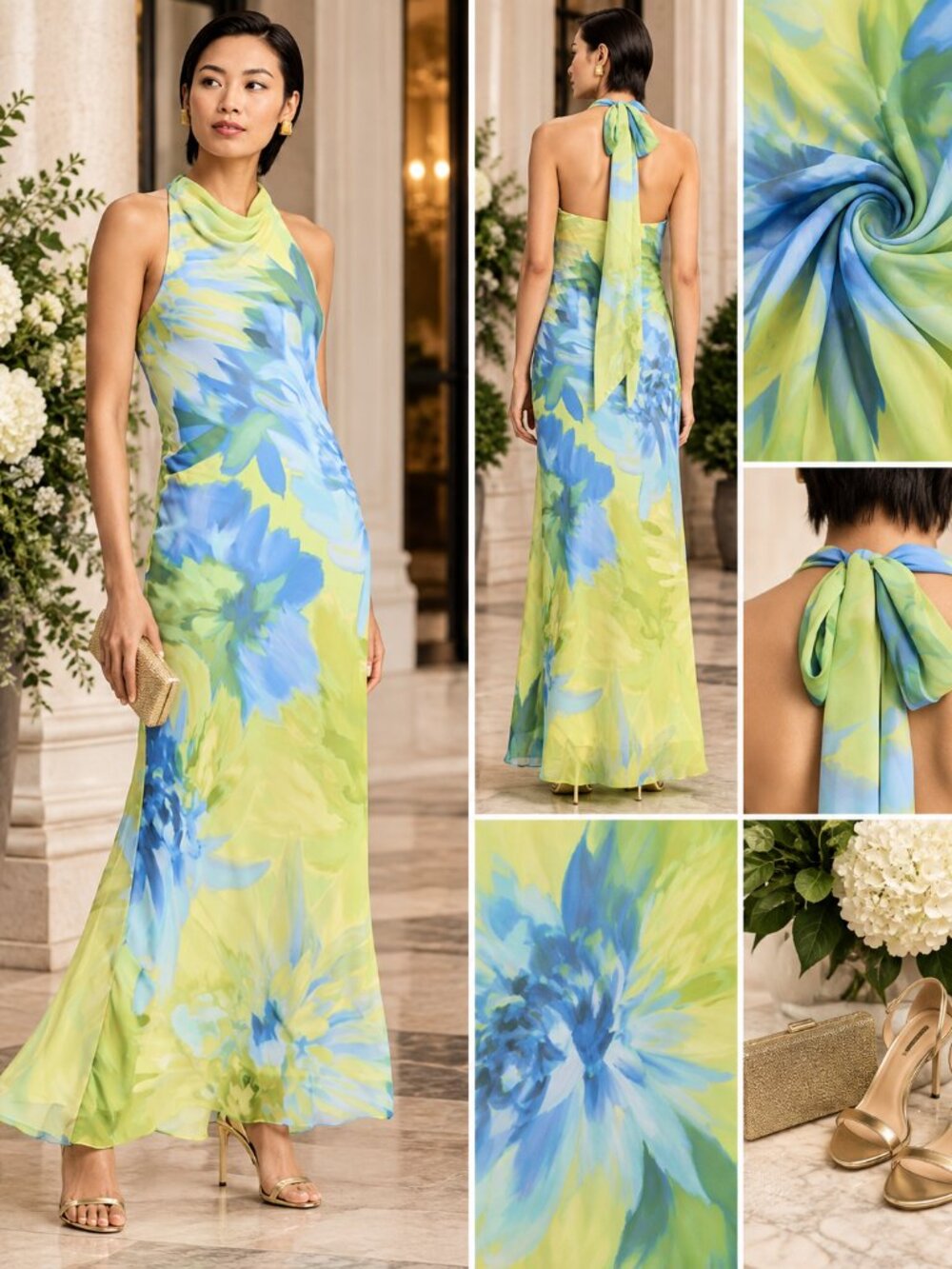 Aqua Green Floral Chiffon Formal Gown Size 8 NWT